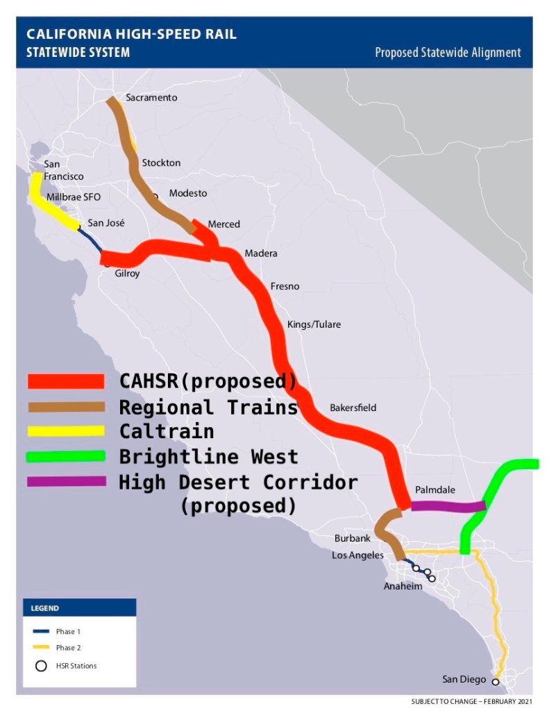 Author’s crayon map of Choudri’s proposed California High-Speed Rail alignment and connecting systems existing, under construction, and proposed. Caltrain technically reaches Gilroy, but its electrified tracks that could potentially support high-speed trains stop at San Jose. 