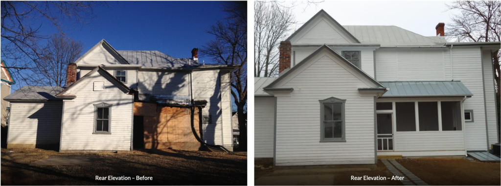 Before and after photos of restored white historic home in Roanoke, Virginia