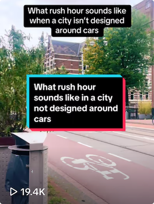 Screenshot of TikTok video about "what rush hour sounds like in a city not designed for cars"