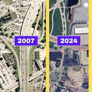 Screenshot of City Glow Up Instagram post showing transformation of urban area between 2007 and 2024.
