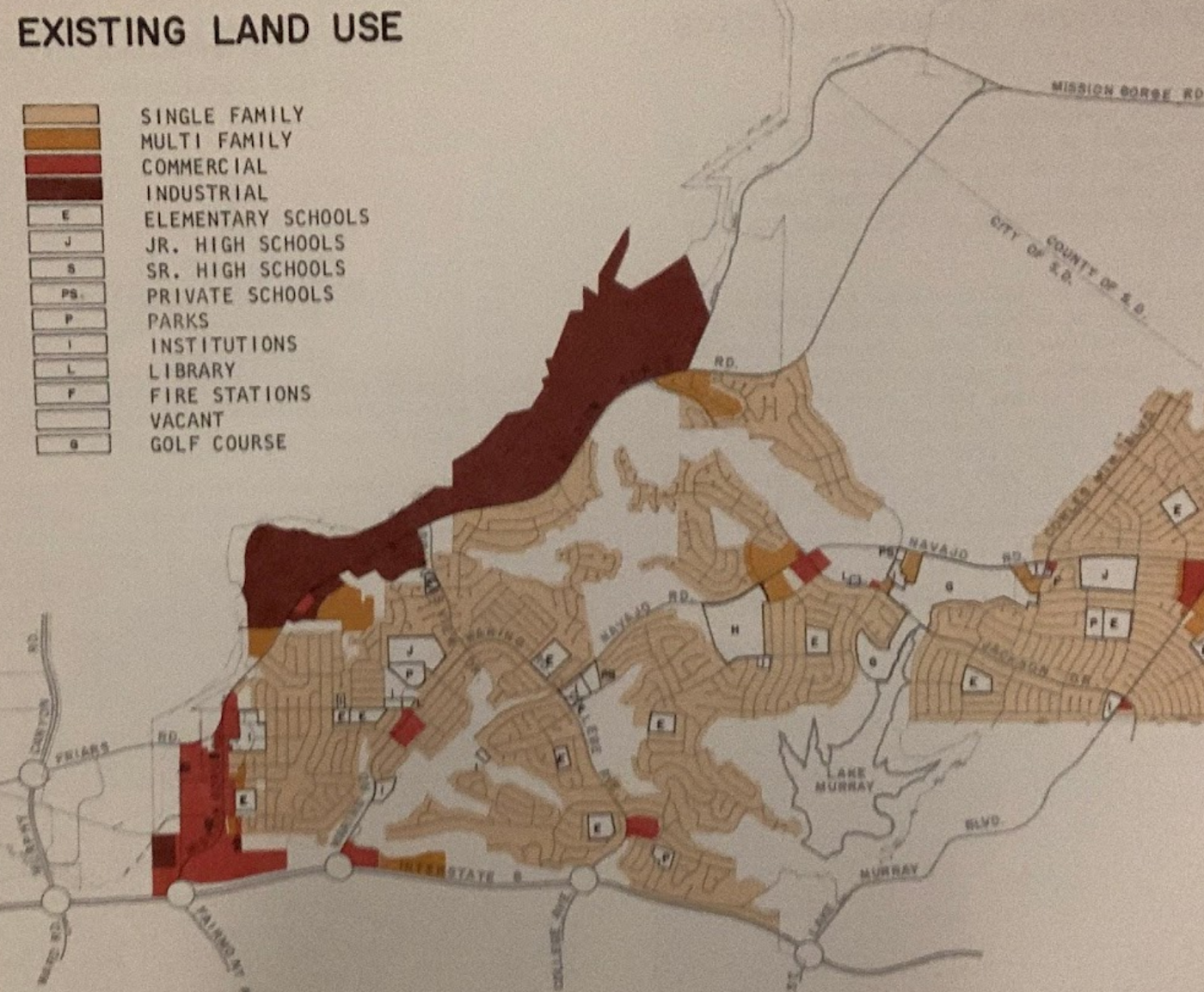 Map of zoning in San Carlos from Navajo Plan 1972. Jackson Drive runs through a long stretch of Single Family tracts in the center-right, north of Lake Murray.