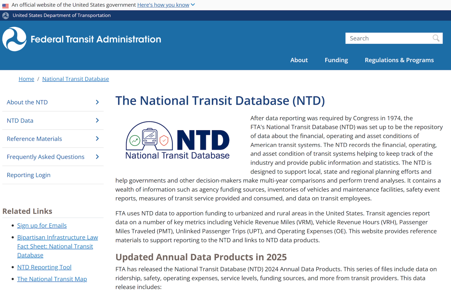 Screenshot of National Transit Databse website