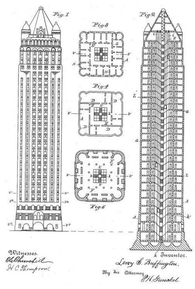 Hand-drawn diagram of Home Insurance Building in Chicago, known as world's first skyscraper.