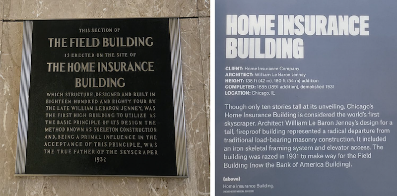 Plaques for Home Insurance Building in Chicago and plaque for the Field Building later built on its site.