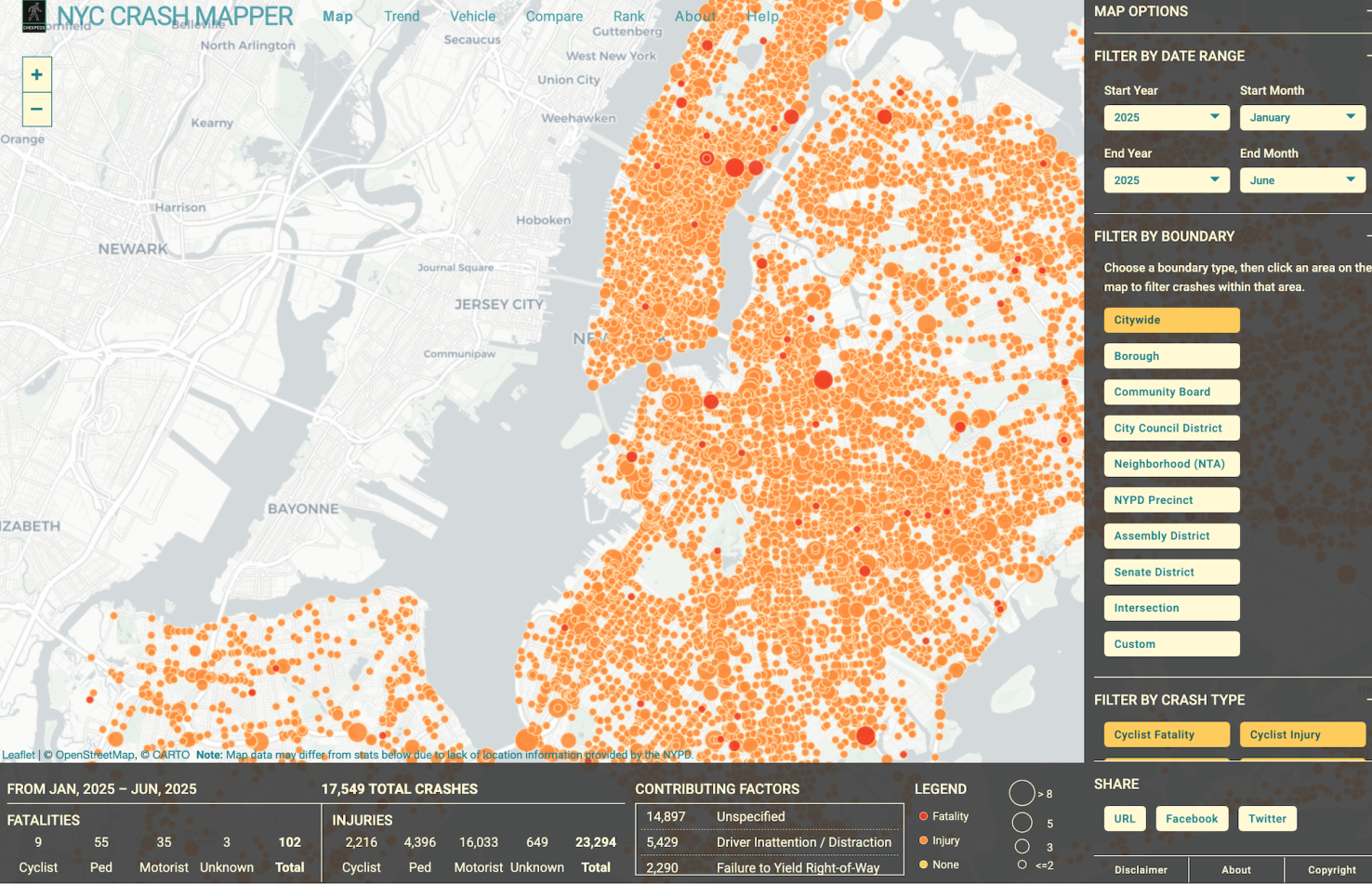 Map of traffic crashes in New York City with orange and red dots.