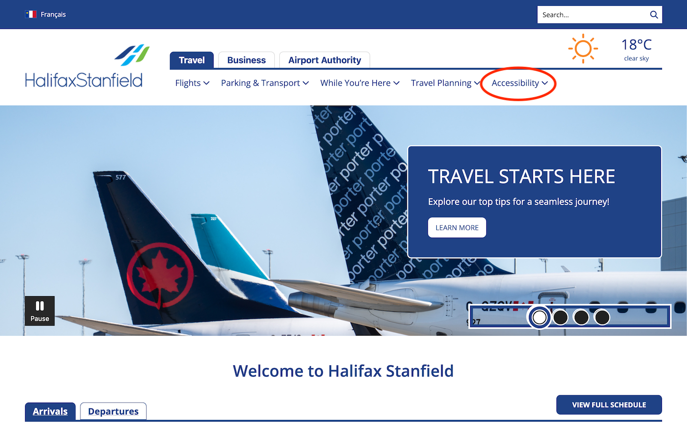 Halifax Stanfield airport website with Accessibility section in top bar circled in red.
