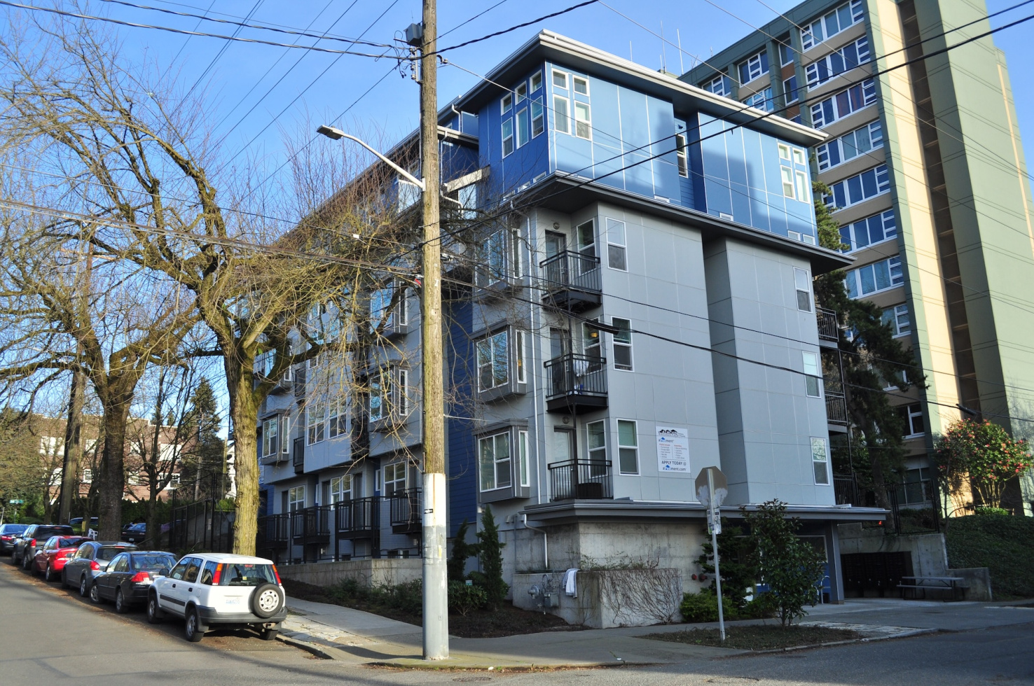 "Apodment" (microapartment) buildin at the southeast corner of 13th Ave E and E Mercer Street, Capitol Hill, Seattle, Washington.