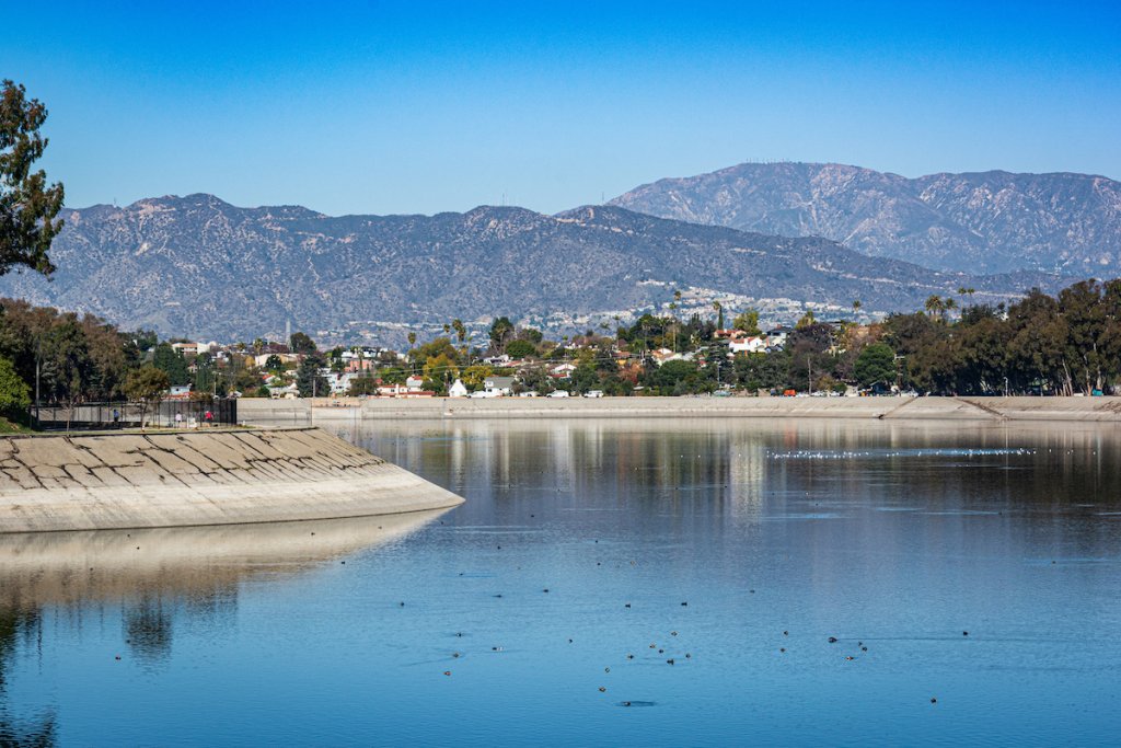 The Silver Lake Reservoir, as seen from the concrete shore line.