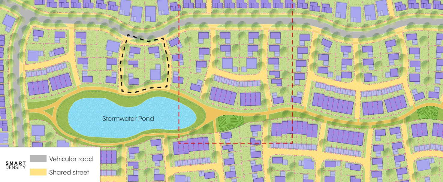 Instead of relying on large blocks and oversized streets, the Iroquois plan is built around small shared streets serving about 15 homes at a time. With only about 50 cars per day, these streets can be narrower and more compact, creating a finer-grain neighborhood structure.