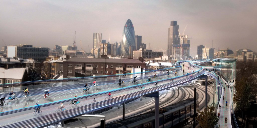 A conceptual rendering of a futuristic elevated cycle track, cutting through London with the city’s famous high-rise buildings in the background.