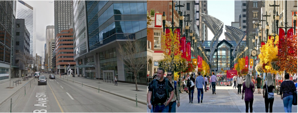 A side-by-side comparison of streetscapes. On the left is a car-oriented bleak scene. On the right is a pedestrian street, full of people walking, standing, and enjoying the city.