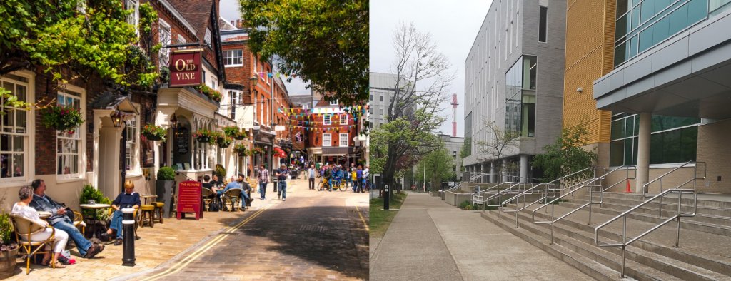 A side-by-side comparison of streets. The photo on the left is lively and full of people standing and walking. The photo on the right shows no signs of people.