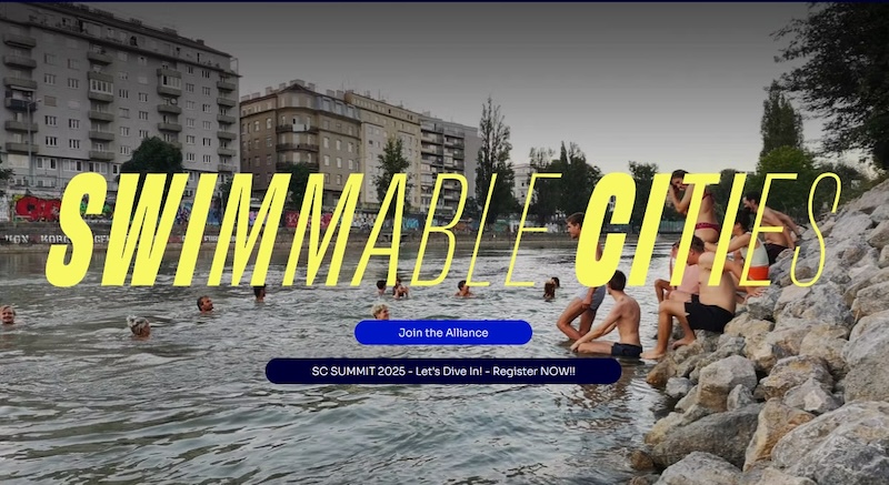The Swimmable Cities logo is overlaid on a photo of people swimming in an urban river.
