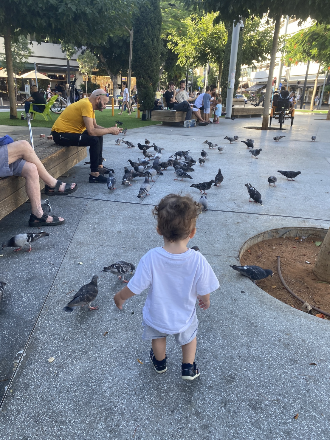 Toddler walking in busy public plaza in Tel Aviv, Israel.