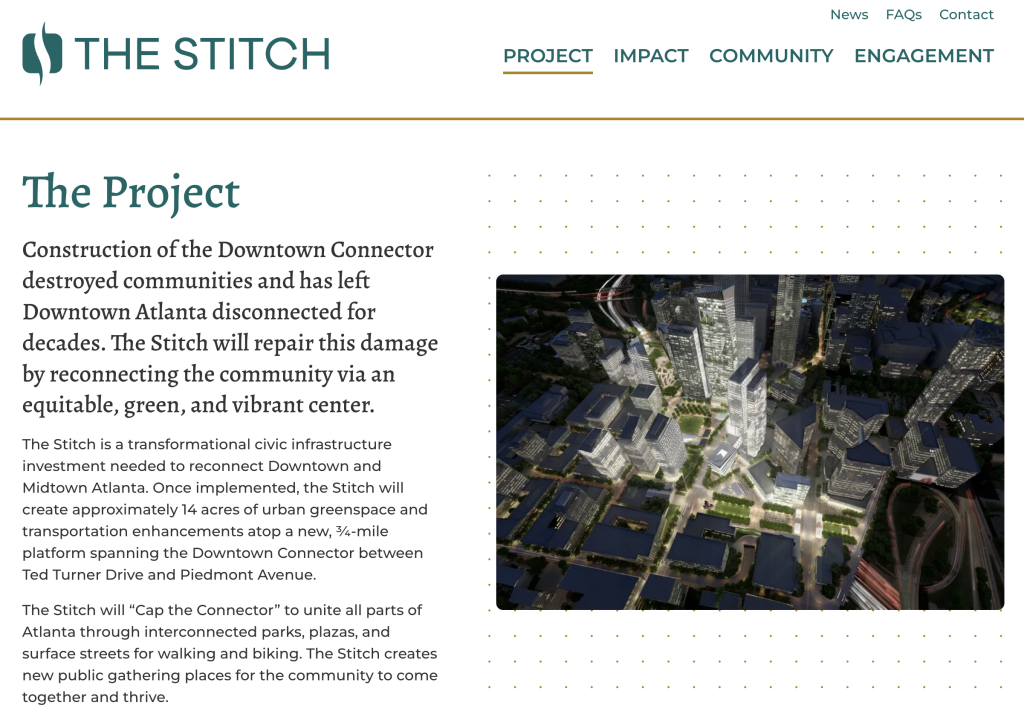 The website for The Stitch shows a rendering of the proposed park in Atlanta at night.