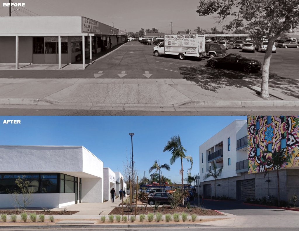 A before and after image shows a parking lot and strip mall before, and a multi-story apartment building after.