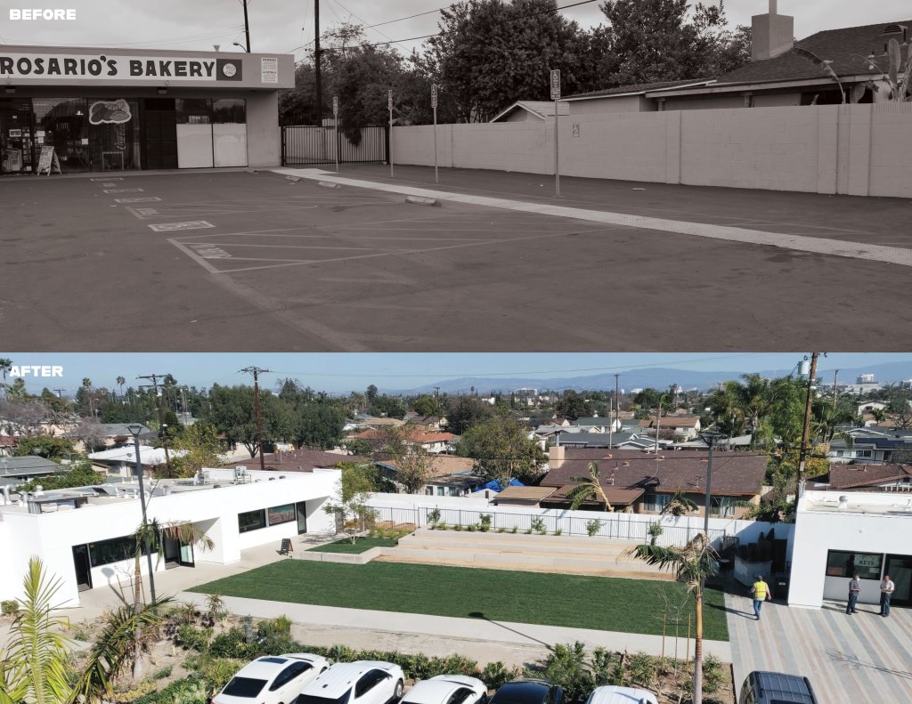 A before and after image showing the end of a strip mall parking lot in the before and a landscape park area in the after. 