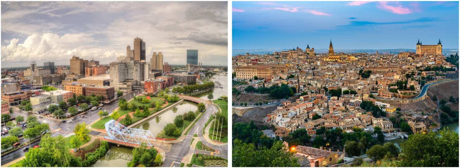 Side by side photos of Toledo, Ohio and Spain.