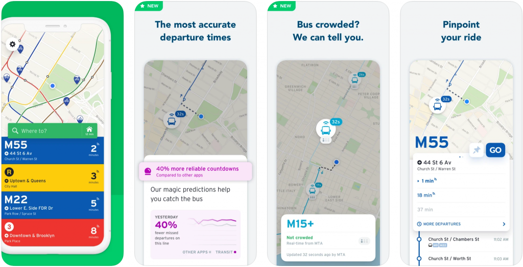 Screengrabs from the Transit apps, showing bus and train arrival times and locations.