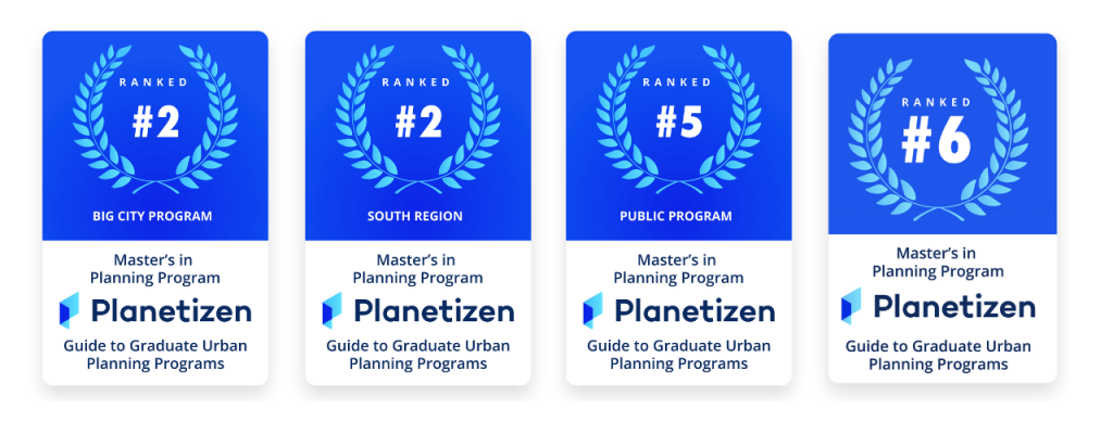 Planetizen Guide to Graduate Urban Planning Programs rankings badges blue and white text