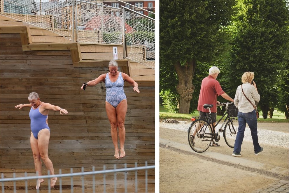 SIde by side photos of two senior women jumping into a pool and a senior couple walking a bicycle in a park.