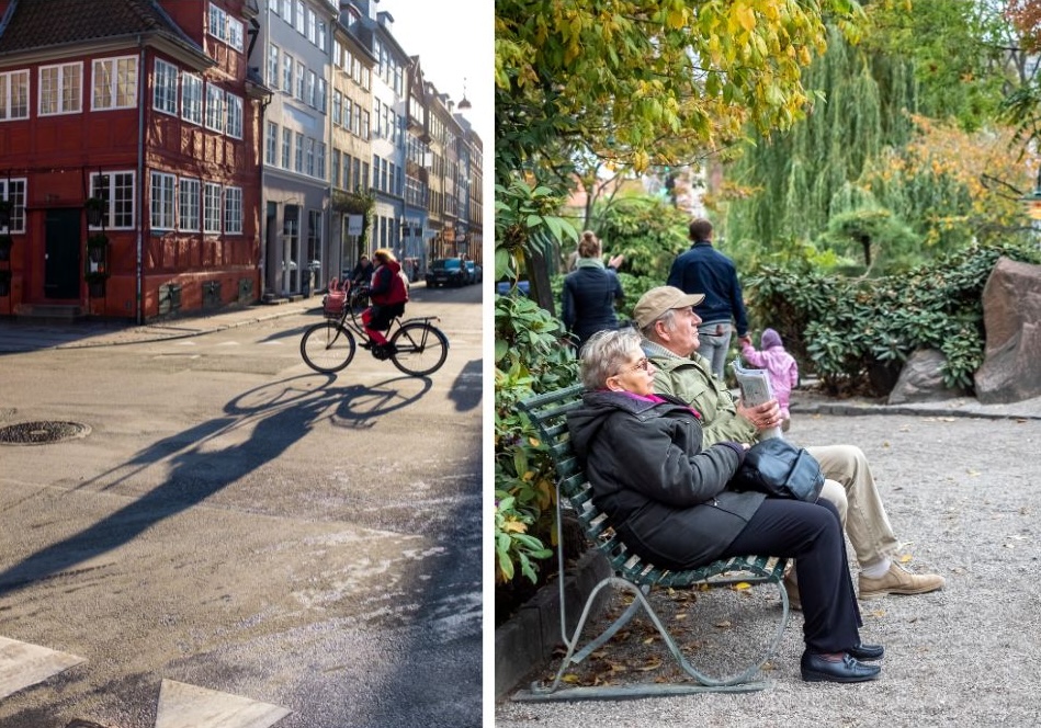 Side by side photos of senior couple sitting on park bench and person on bike in Copenhagen.