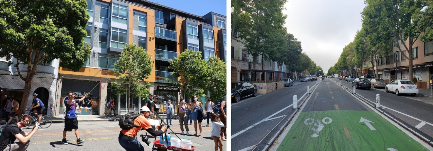 Side-by-side of Valencia Street in San Francisco at event with crowd in street and empty with fading green center bike lane.