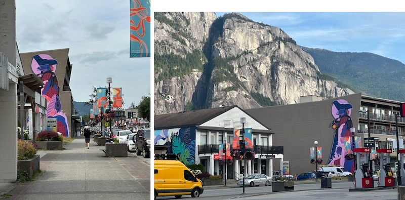 Two views of a mural in Squamish, Britosh Columbia.