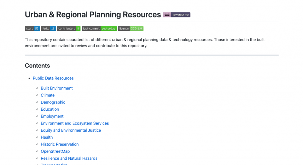 A screengrab of the APA Technology Division's Github for Urban & Regional Planning Resources.