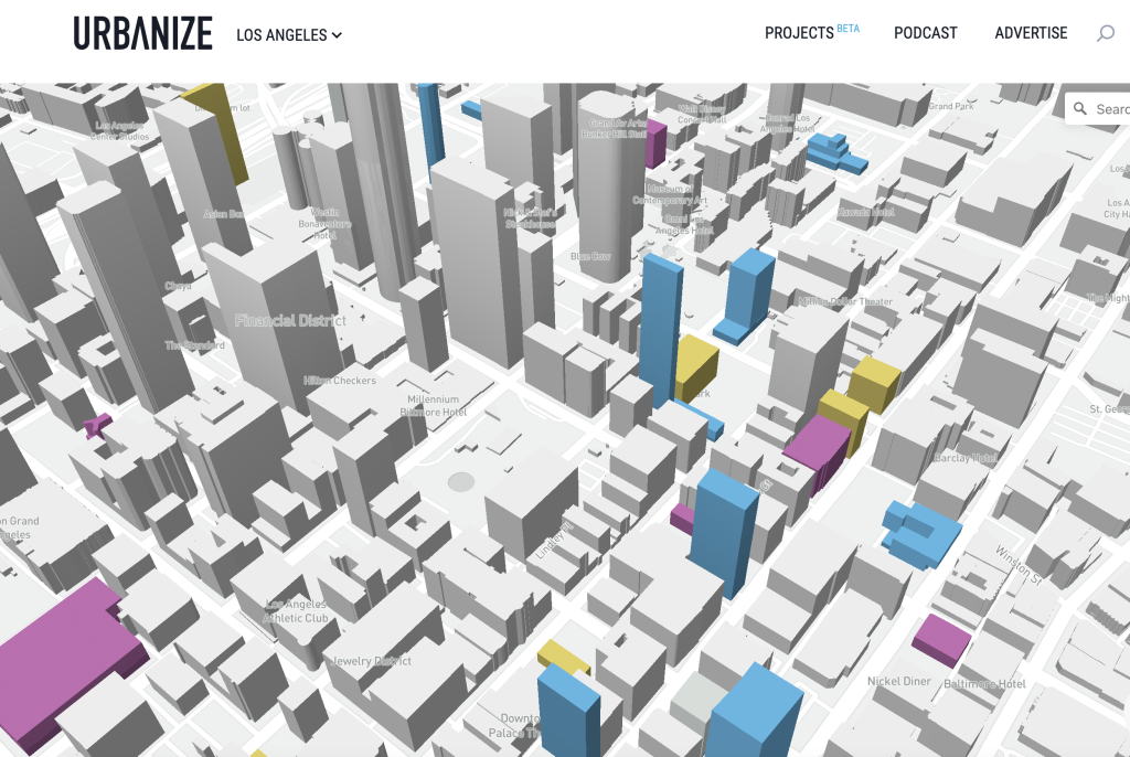 The Urbanize Project Map website shows a 3d map of the city with proposed buildings shown in various colors to distinguish them from existing buildings.