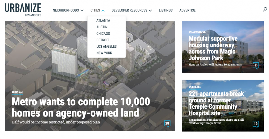 A screengrab of the Urbanize Los Angeles homepage.