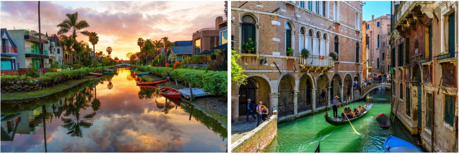 Side by side photos of Venice, California and Italy.