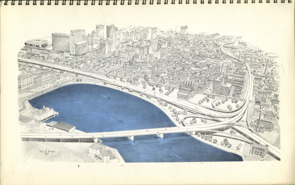 A visualization from the 1960 City of Baltimore Planning Commission Study for the East-West Expressway.
