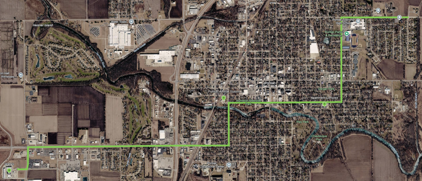 A map showing the route between Wally's and Downtown.
