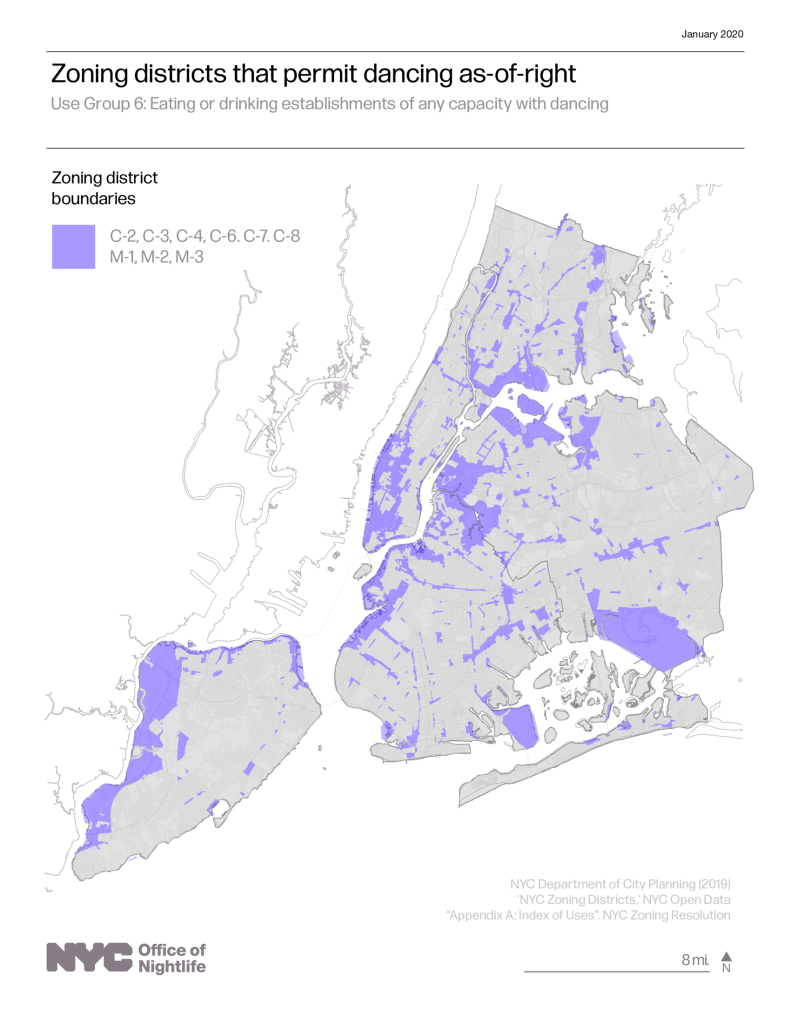 Map of New York City showing in purple areas where dancing is allowed as of right, which is less than 20% of the city.