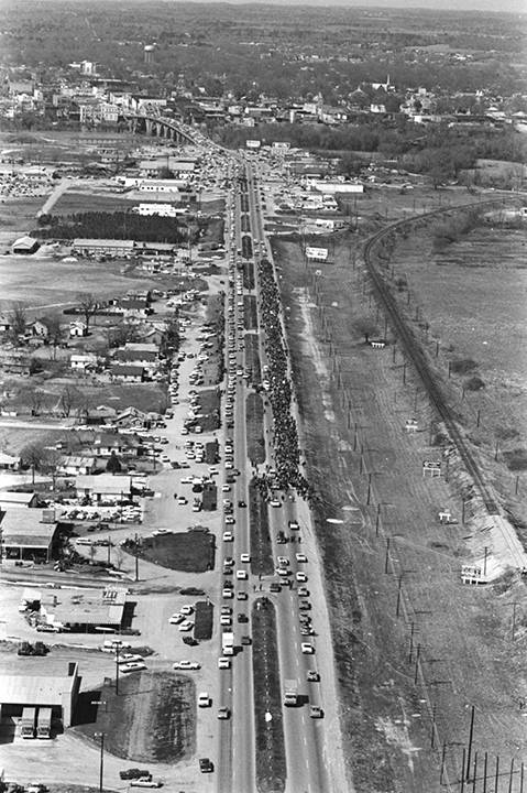 Aerial view of marchers on U.S. Highway 80 south of Selma, Alabama, on the first day of the Selma to Montgomery March, and Marchers on Dexter Avenue in Montgomery, Alabama, approaching the Capitol at the conclusion of the Selma to Montgomery March. Credit: Alabama Department of Archives & History