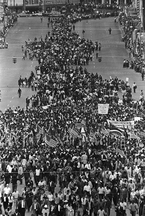 Aerial view of marchers on U.S. Highway 80 south of Selma, Alabama, on the first day of the Selma to Montgomery March, and Marchers on Dexter Avenue in Montgomery, Alabama, approaching the Capitol at the conclusion of the Selma to Montgomery March. Credit: Alabama Department of Archives & History