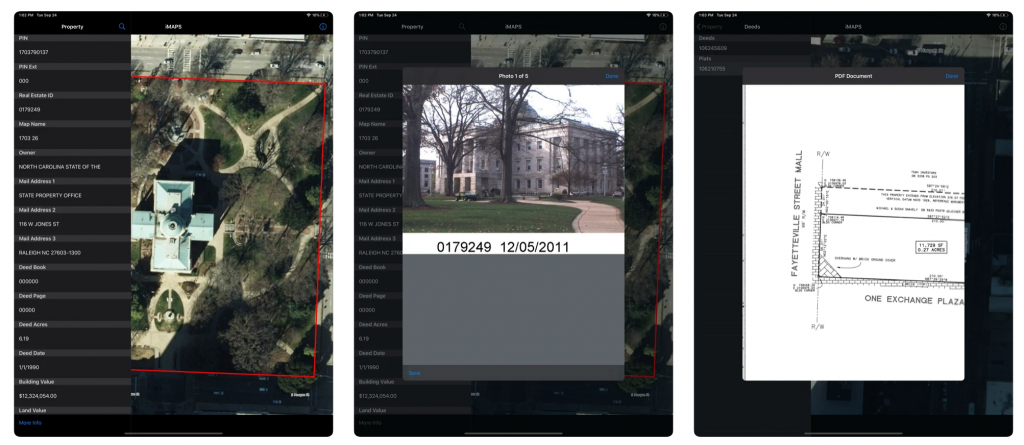 Screengrabs fromt he iMAPS app showing parcel information and photos and drawings of buildings.