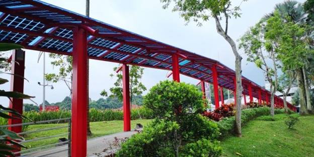 Sidewalk canopies, such as this 196 meter walkway in Singapore, can incorporate solar panels to provide both shade and electricity.