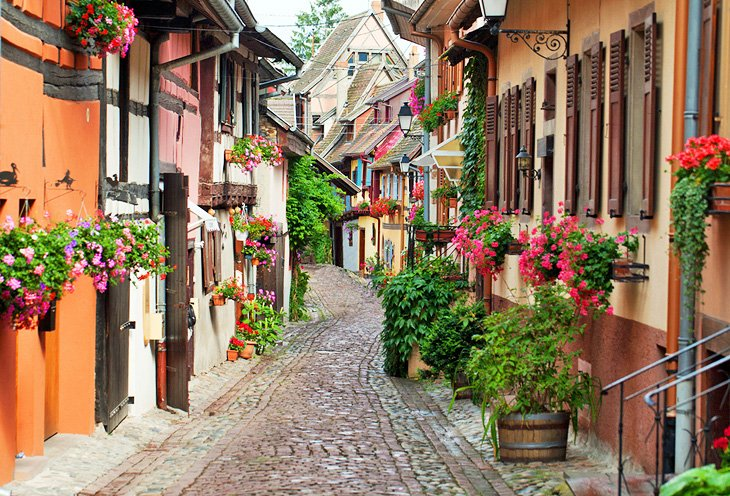 A narrow, cobblestoned street, lined with colorful historic houses and blooming flowers.