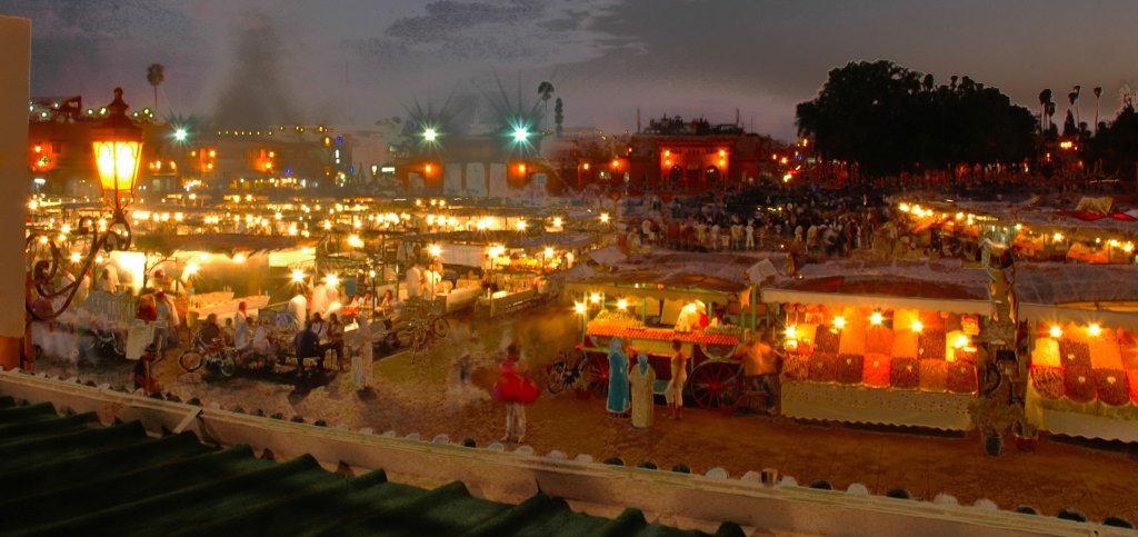 The central square in Marrakech at night.
