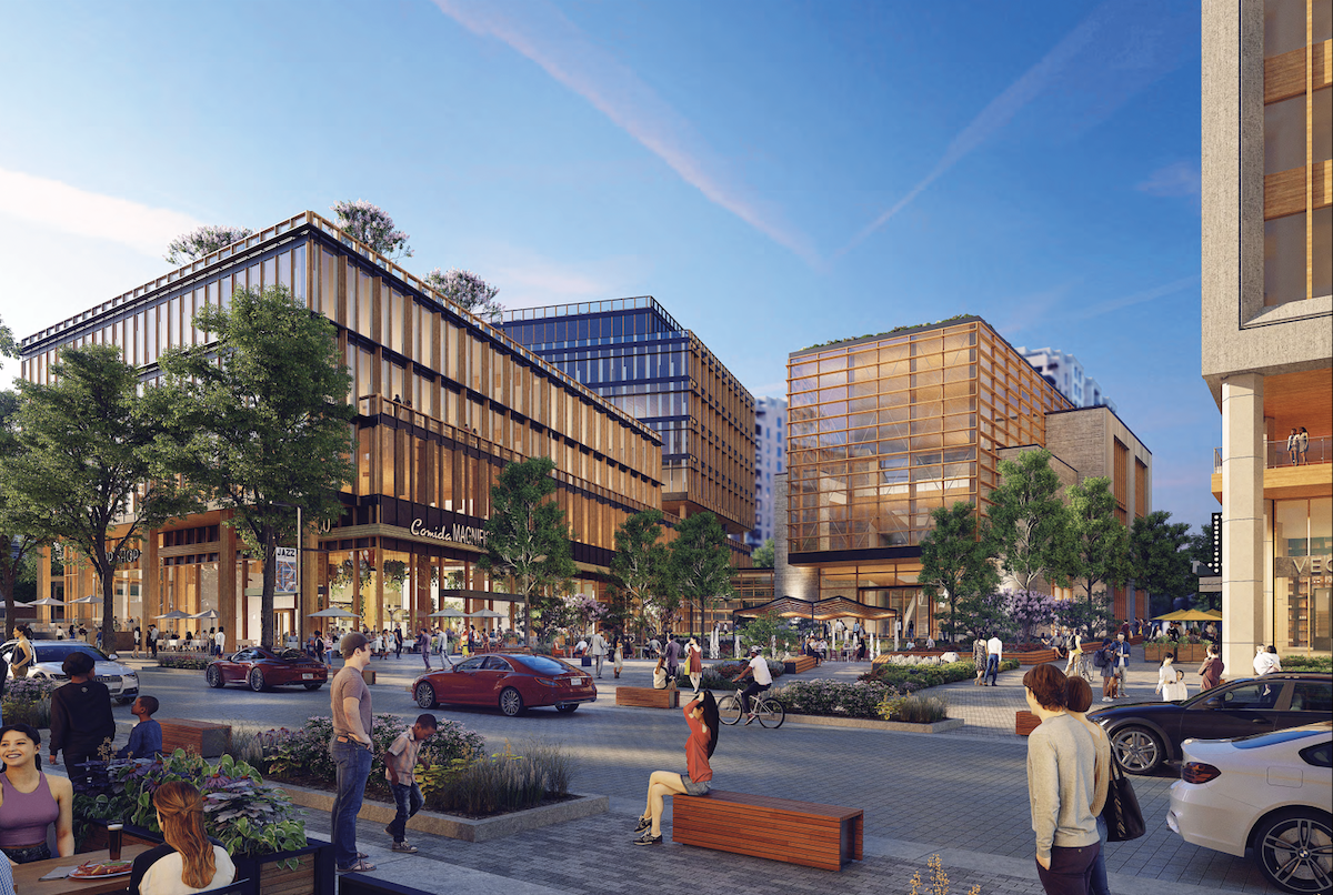 A rendering of WMATA's building that shows people walking around outside of it.