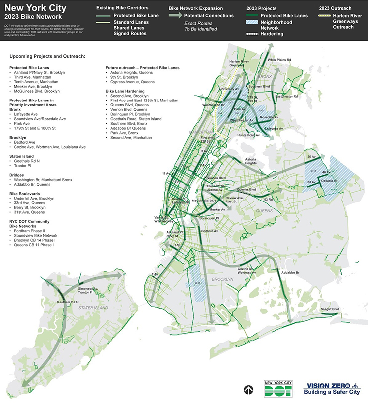 A map of bike projects underway in 2023 in all five boroughs of New York City.