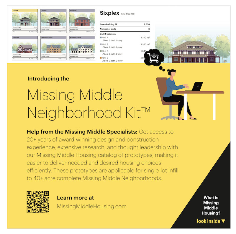 Yellow flyer advertizing the Missing Middle Toolkit from missingmiddlehousing.com.