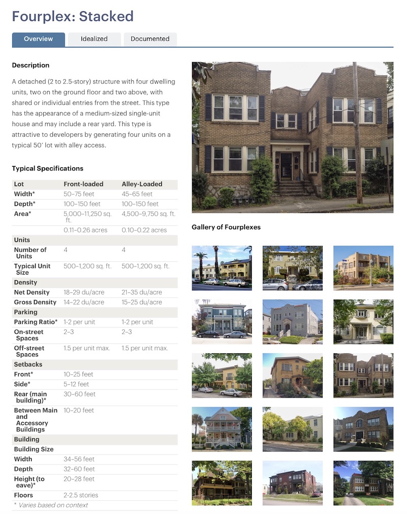 Screenshot of an overview of stacked fourplexes, including a text description and long list of typical specifications.
