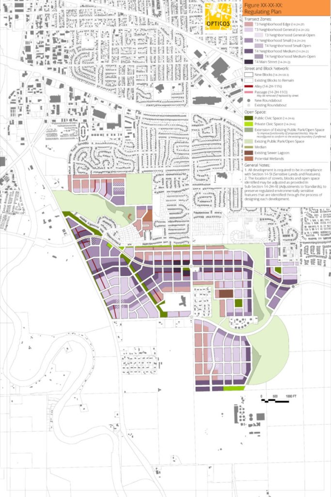 Zoning map with color-coded Transect Zones, Street and Block Network, and Open Space types.