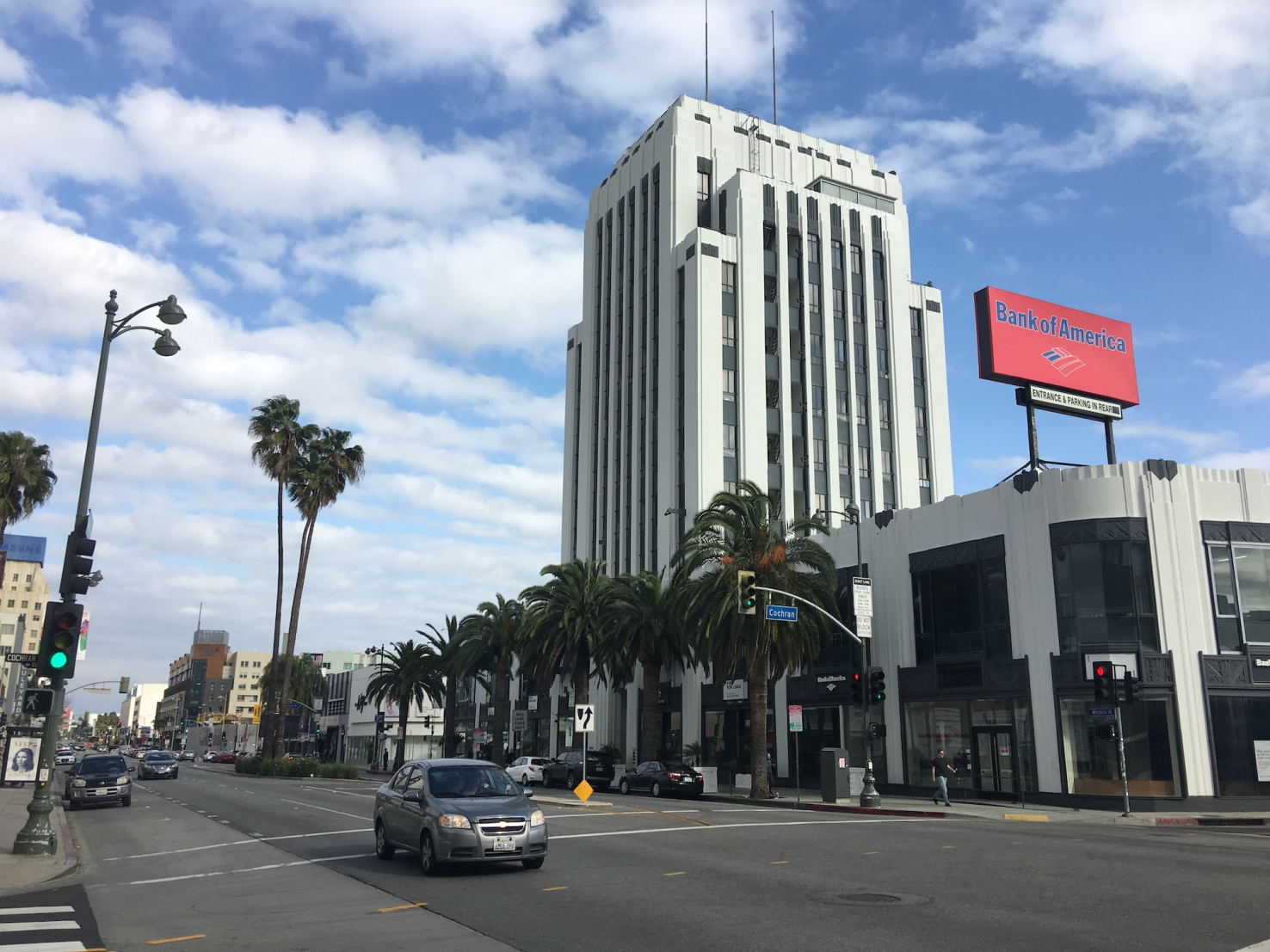 White Art Deco building in Miracle Mile district, Los Angeles, California.