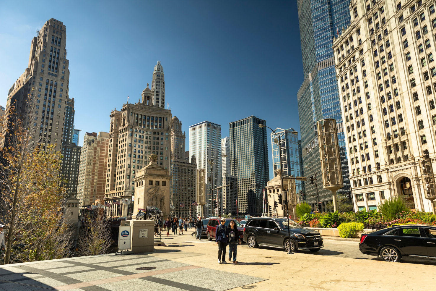 Looking up at tall buildings on Chicago’s Magnificent Mile.