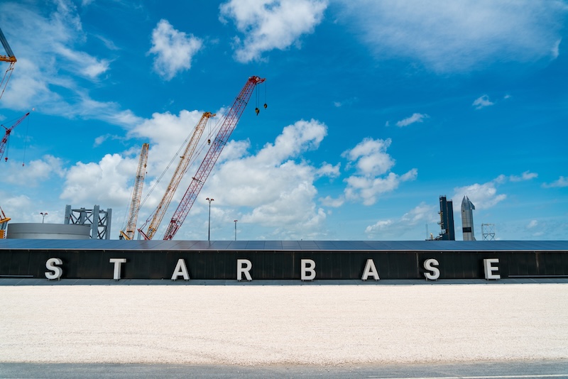 Starbase sign in front of SpaceX launch facility in Boca Chica, Texas.