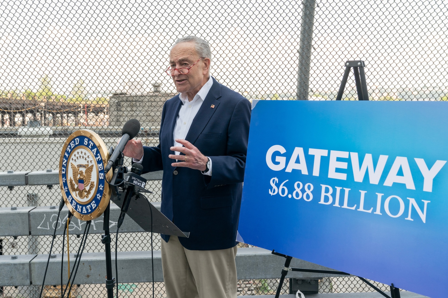 U. S. Senator Charles Schumer briefed press in New York on July 6, 2023 on funds for Gateway project to build tunnel under Hudson river between New York and New Jersey